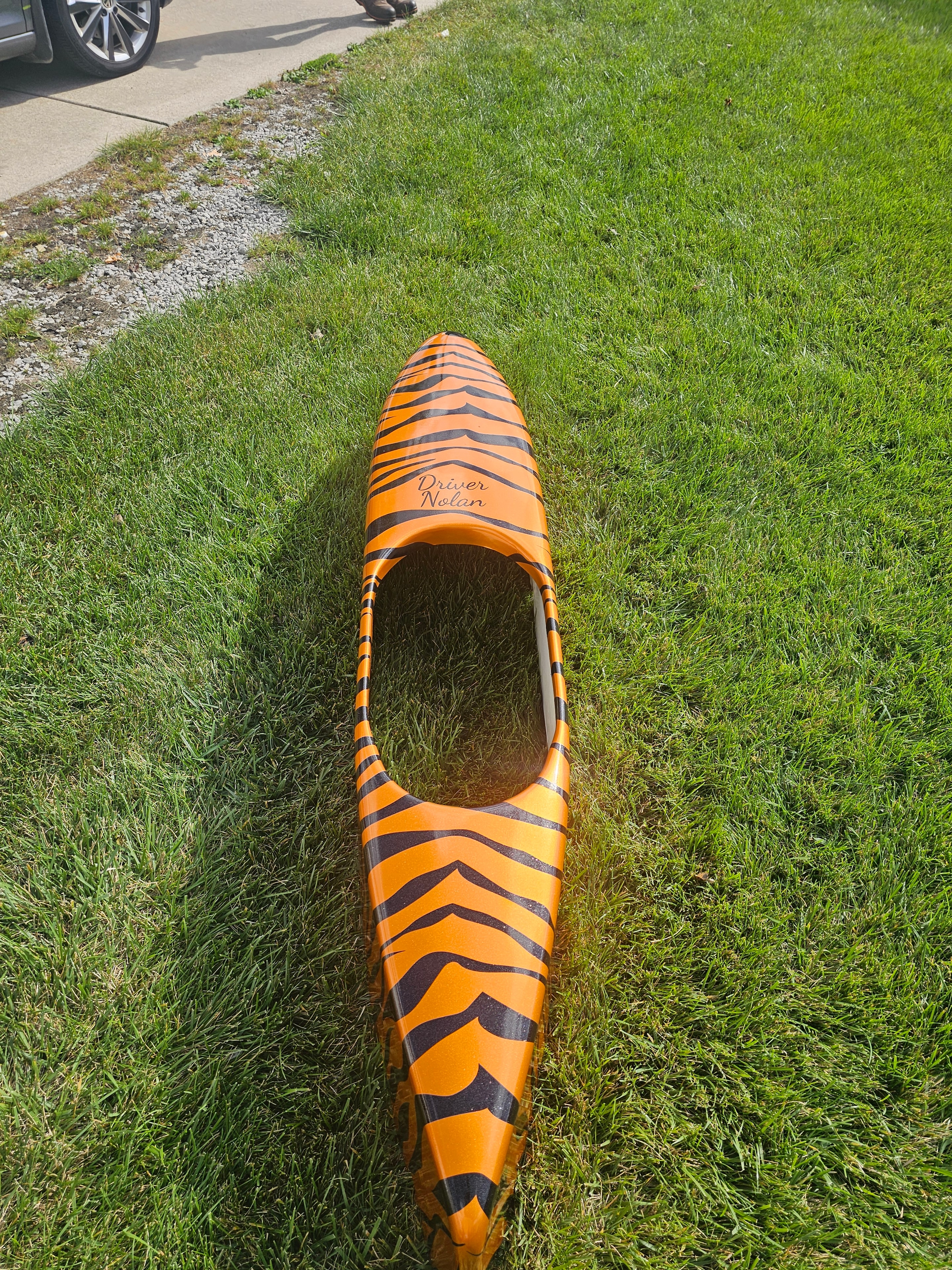 Orange and black tiger-stripe kayak wrap